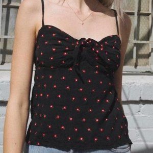Brandy Melville Black Tank Top with Red Embroidered Flowers and Tie in Front